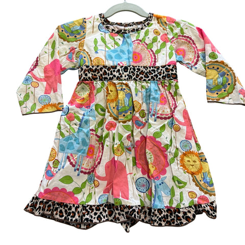 Ann Loren Whimsy Zoo Animals + Leopard Long Sleeve Flowy Dress Size 2T