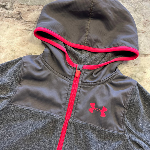 Under Armour Girls Gray + Pink Full Zip Hooded Jacket Size 4