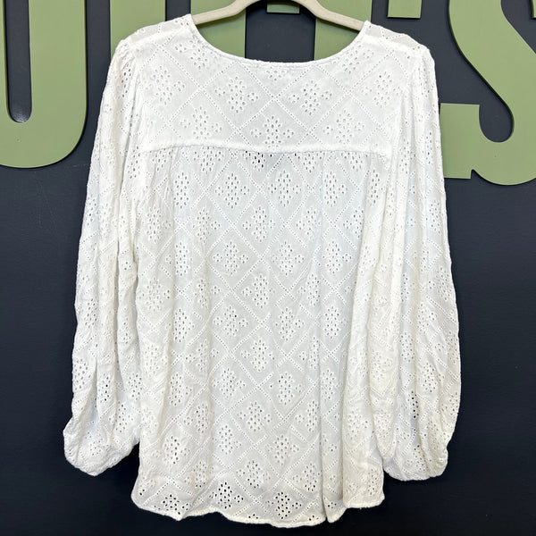 Dear John Women's White Embroidered Bubble Sleeve V-Neck Blouse Large