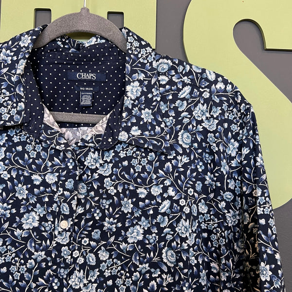 Chaps Women's Floral Collared Navy Button Down No Iron Blouse 2XL