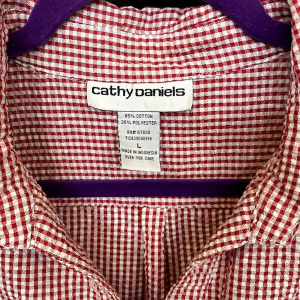 Cathy Daniels Red Gingham Seersucker Half Button Blouse Large