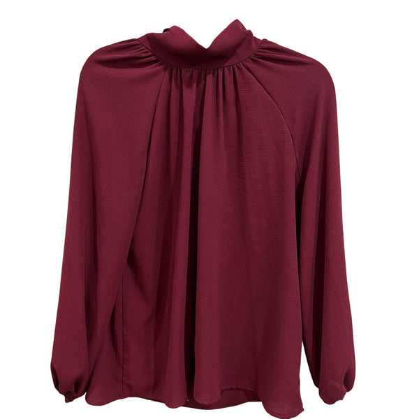 Maroon Chiffon Mock Neck Bubble Sleeve Blouse Medium