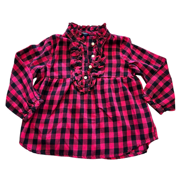 Chaps Pink + Black Plaid Ruffle Henley Long Sleeve Top 24 Mo