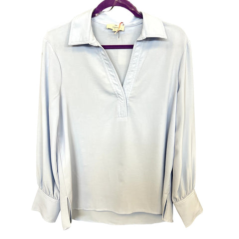 NWT Entro Satin Light Blue V-Neck Collared Long Sleeve Blouse Small
