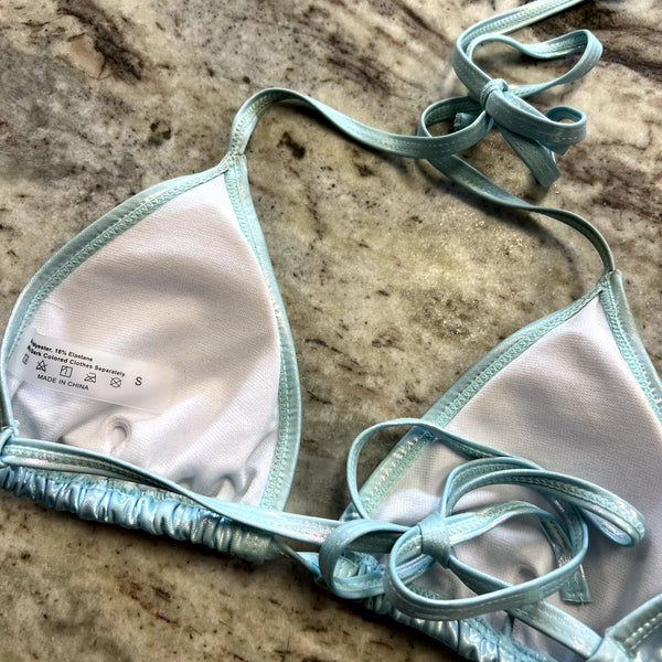 Light Blue Metallic Triangle String Bikini Top Size Small