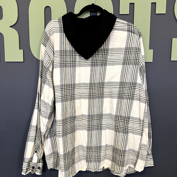 No Boundaries Men's Black + White Hooded Button Down Flannel 2XL