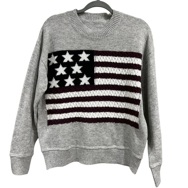 Women's Gray USA Flag Thick Knit Crew Neck Sweater Medium