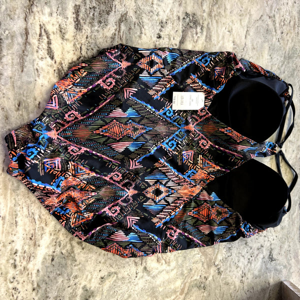 NWT Time and Tru Mayan Black Orange Blue One Piece Swimsuit 2XL