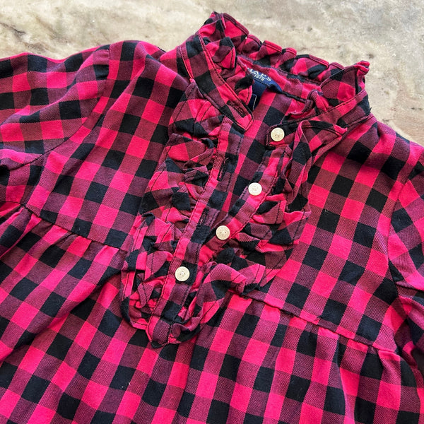 Chaps Pink + Black Plaid Ruffle Henley Long Sleeve Top 24 Mo