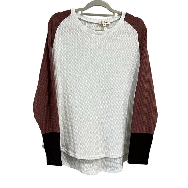 Listicle Waffle Knit Color Block Long Sleeve Blouse Medium