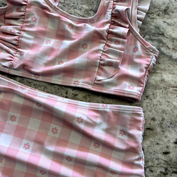 Girls Pink Plaid High Waisted Bikini Size 10