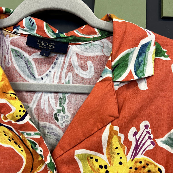 Rachel Roy Orange Tropical Linen Short Sleeve Button Down Size Large