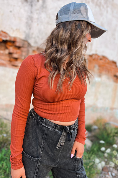 Rust Ribbed Henley Top