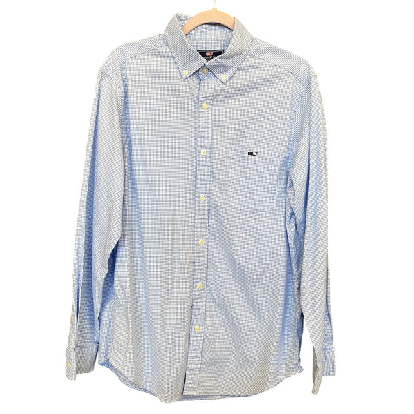 Vineyard Vines Classic Fit Tucker Plaid Blue + White Checkered Button Down Med