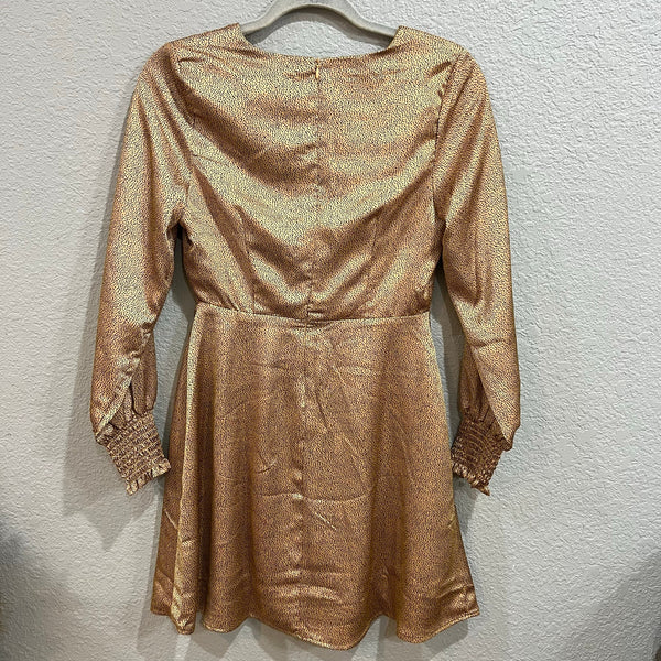 NWT Mi Ami Gold Satin V-Neck Dotted Bubble Sleeve Mini Dress XS