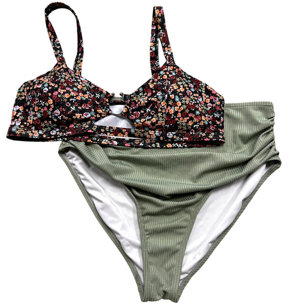 Women's Floral Ribbed High Waist Bikini Large