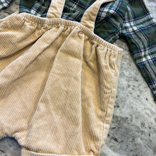 MudPie Corduroy Overalls with Plaid Undershirt Size 9-12 Mo