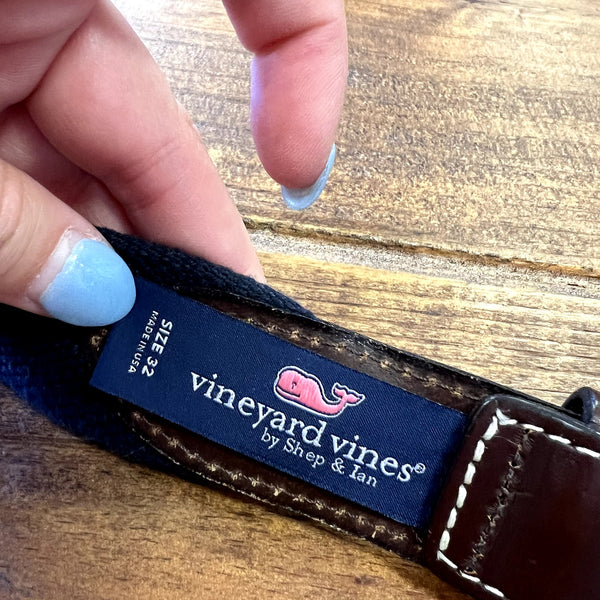Vineyard Vines Canvas Club Belt Blue + Leather Size 32