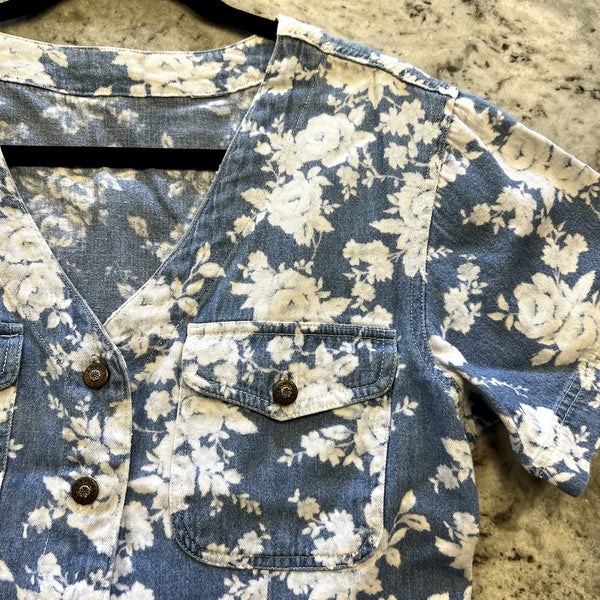 Vintage Denim V-Neck Button Down Top Medium