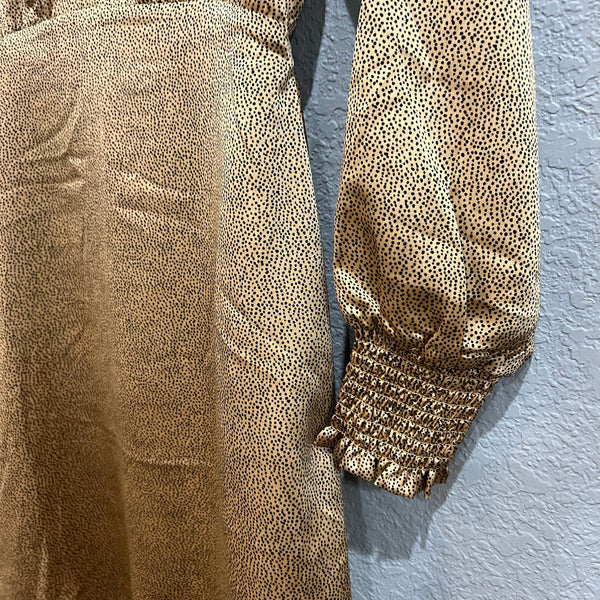 NWT Mi Ami Gold Satin V-Neck Dotted Bubble Sleeve Mini Dress XS