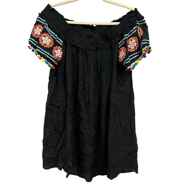 Entro Boutique Black Off Shoulder Siesta Embroidered Lined Mini Dress Medium