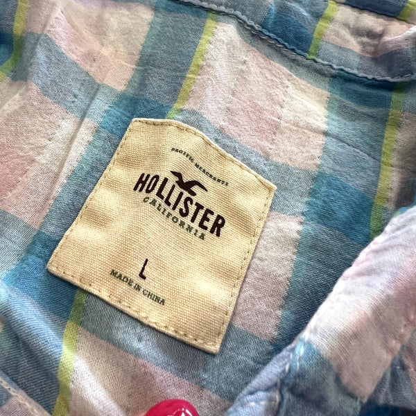 Hollister Y2K Teal + White Plaid Button Down Top Large