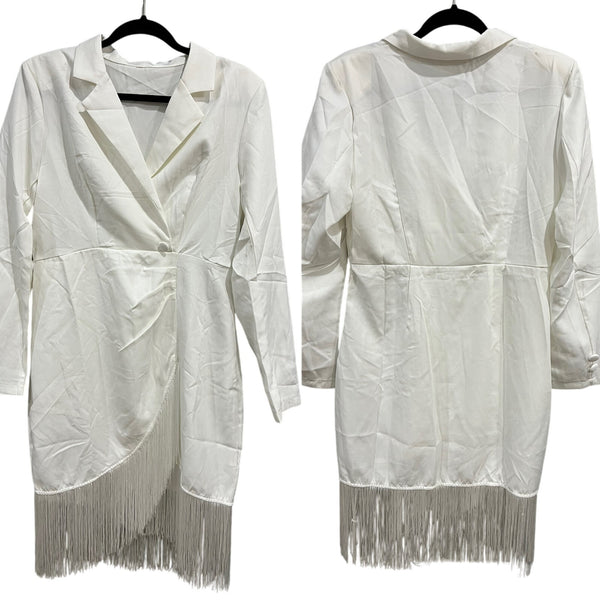 Women's Long Sleeve Fringe Collared White Western Dress Large