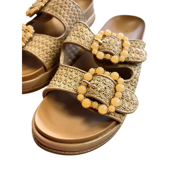 BCBGeneration Bexxi Raffia Slide Sandals with Beaded Buckles Size 8