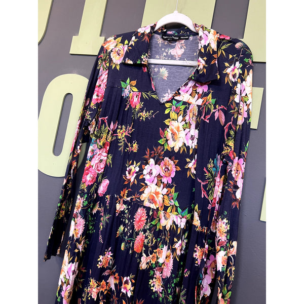 NWT Navy Floral Long Sleeve Collared Maxi Dress Size 1XL