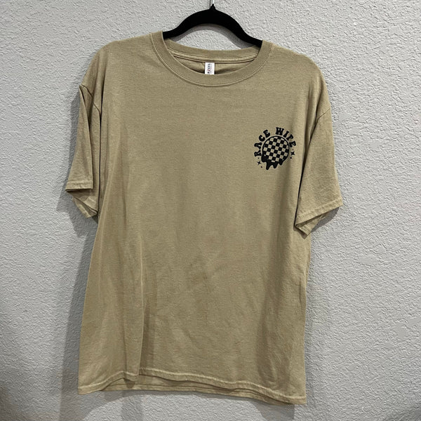 Women's Loud Mouth Race Wife Short Sleeve Tan Graphic Tee Large
