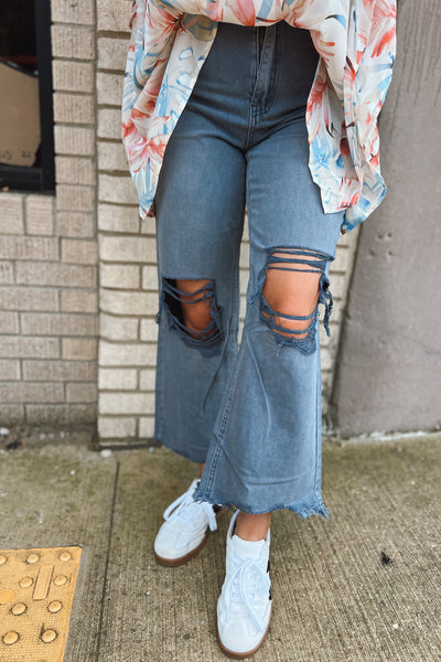 Acid Wash Distressed Cropped Jeans - Blackberry