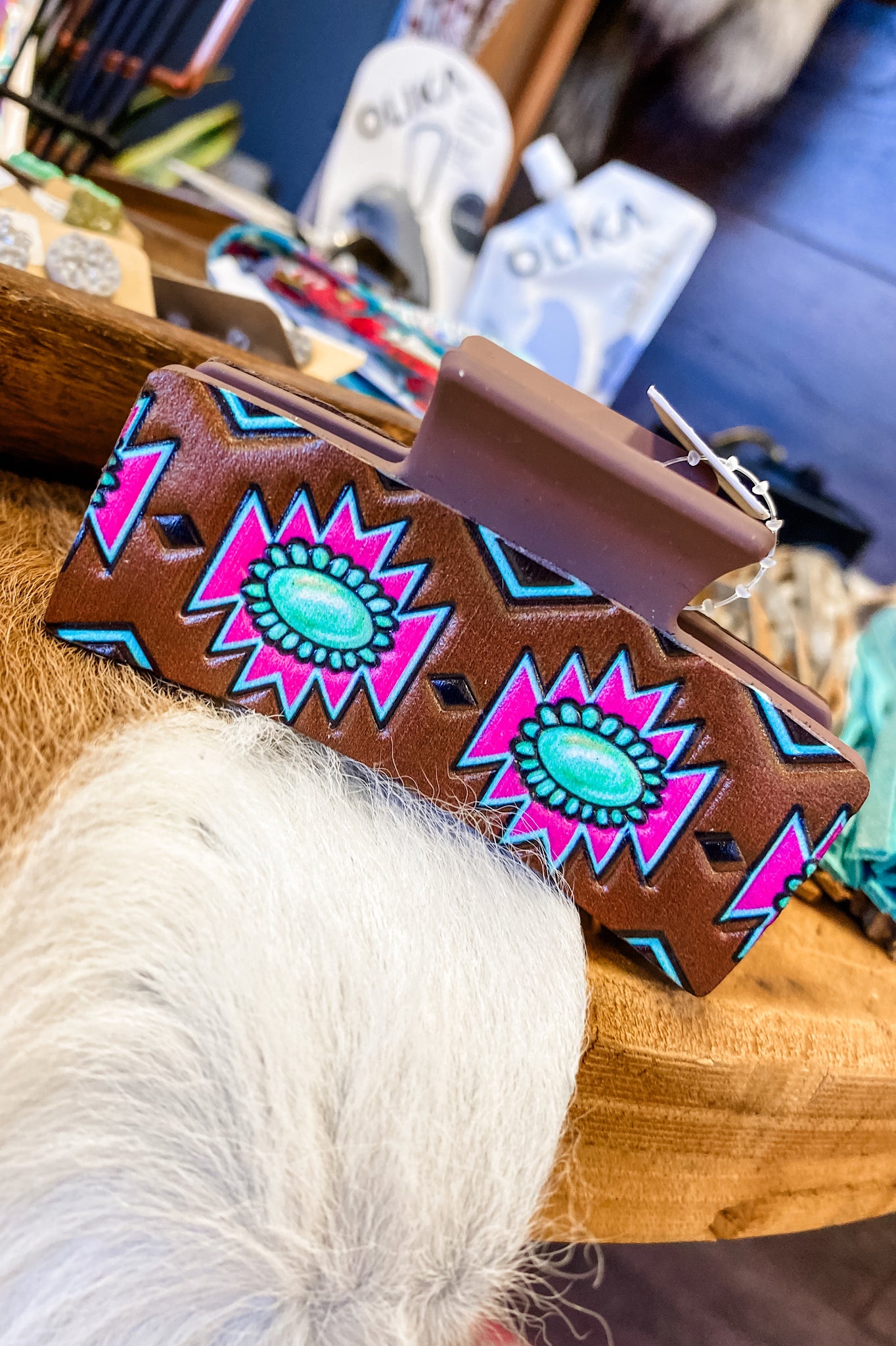 Brown Aztec Leather Claw Clip