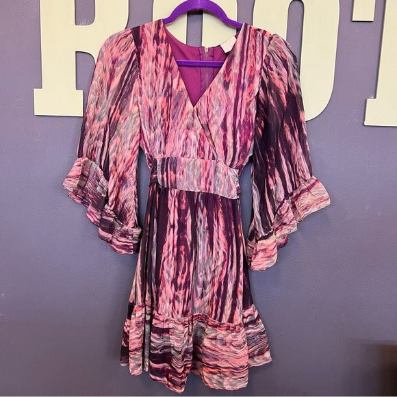 BKE Daytrip Plum Ruffle Sleeve Tie Waist V-Neck Mini Dress Small