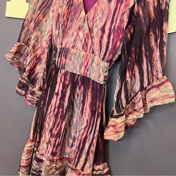 BKE Daytrip Plum Ruffle Sleeve Tie Waist V-Neck Mini Dress Small