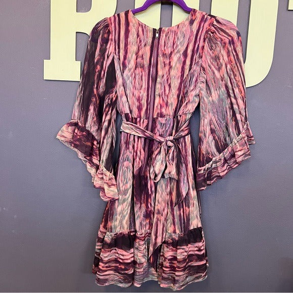 BKE Daytrip Plum Ruffle Sleeve Tie Waist V-Neck Mini Dress Small