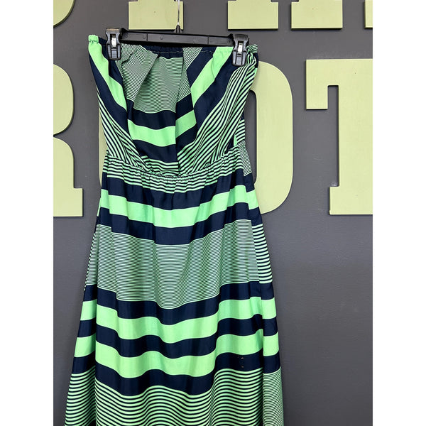 Gianni Bini Green + Blue Striped Strapless Maxi Dress Medium