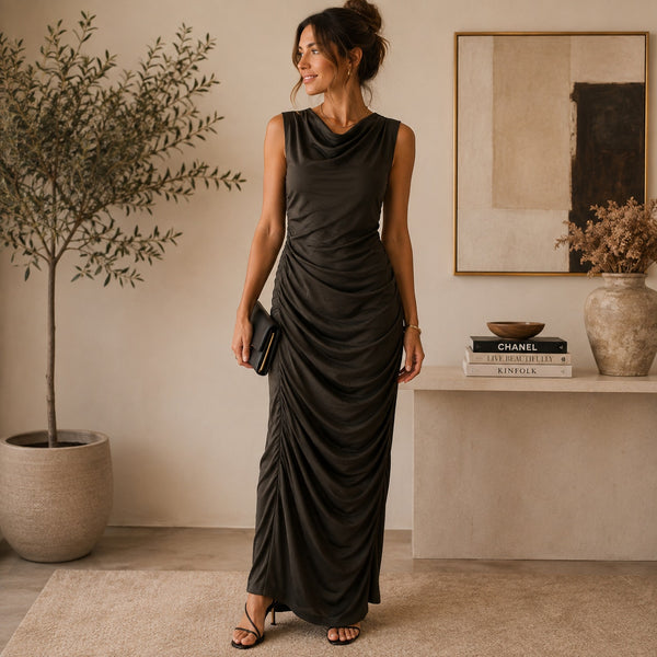 Sofia Black Ruched Maxi Dress Size Small