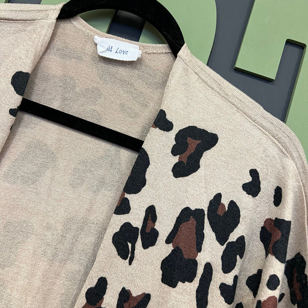 Phil Love Light Tan + Leopard Open Front Cardigan Medium