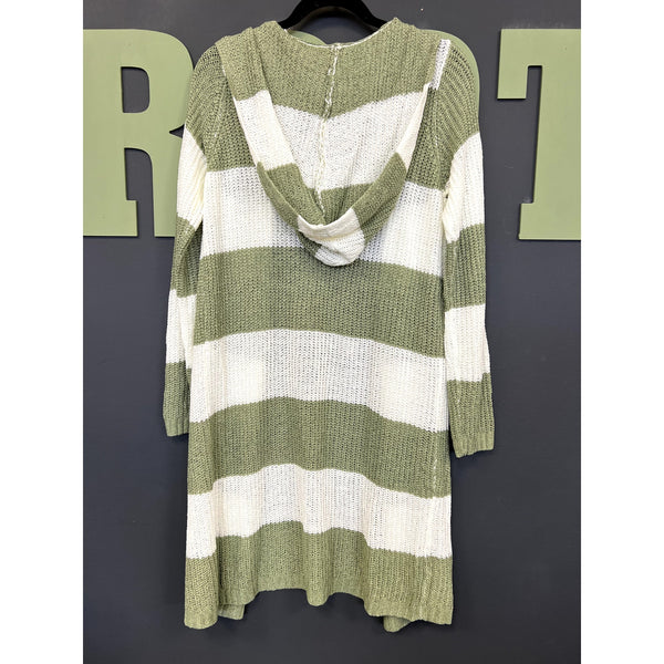 POL Sage + White Striped Hooded Knit Cardigan Size Small
