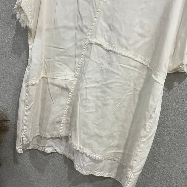 Multiples White Linen Blend Stitched V-Neck Blouse Large