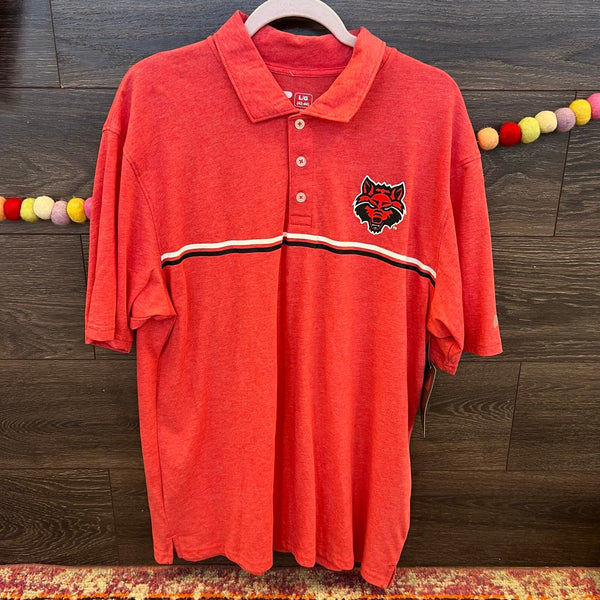 NWT Arkansas State University Red Wolves Men's Red Striped Polo Shirt Size Large
