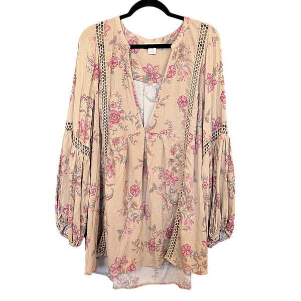 Festi Floral Light Tan V-Neck Tunic Blouse Size 2XL
