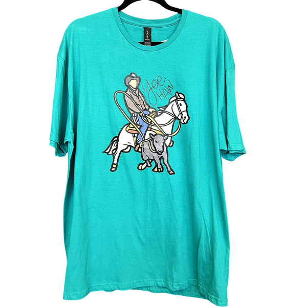 Yeehaw Teal Roping Rodeo T-Shirt Size 2XL