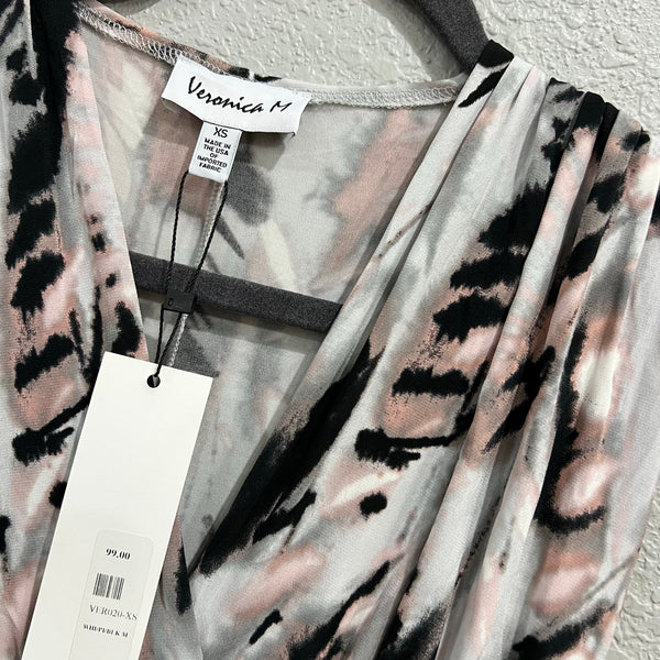 NWT Veronica M Pink Black Gray Brush Stroke V-Neck Maxi Dress XS