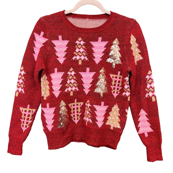 Women's Red Christmas Tree Stacked Sweater XS