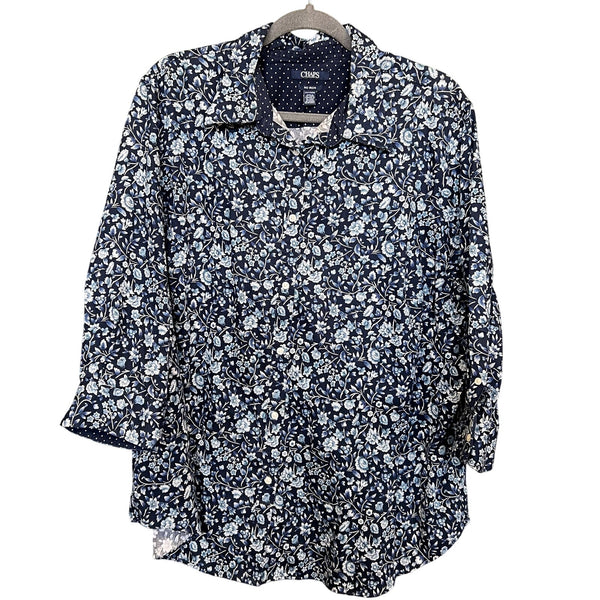 Chaps Women's Floral Collared Navy Button Down No Iron Blouse 2XL