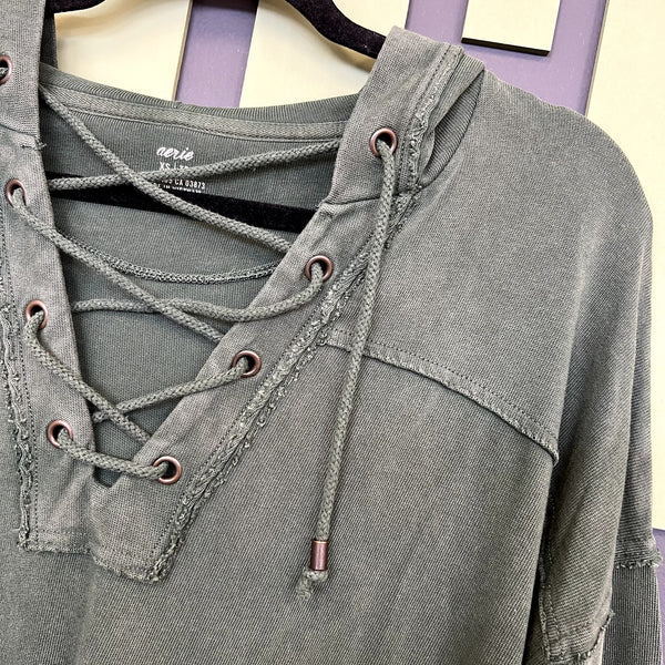 Aerie Green Garment Washed Front Tie Hoodie XS