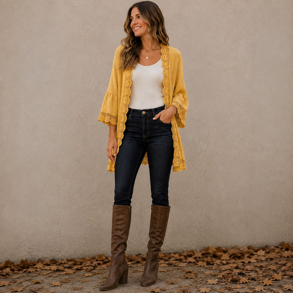 Women's Mustard Knit Flare Sleeve Cardigan Size Medium