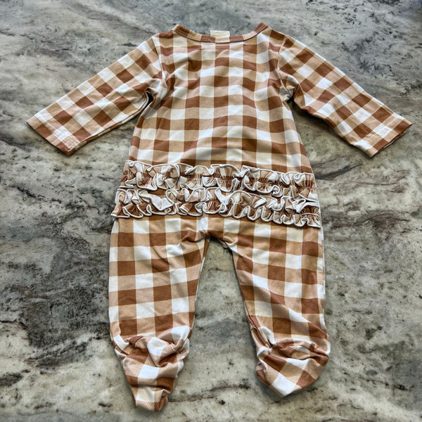 Tan Checkered Ruffle Footie Size 3 Months