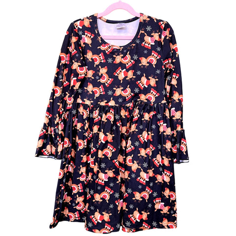 Girls Reindeer Ruffle Christmas Dress Size 8-9